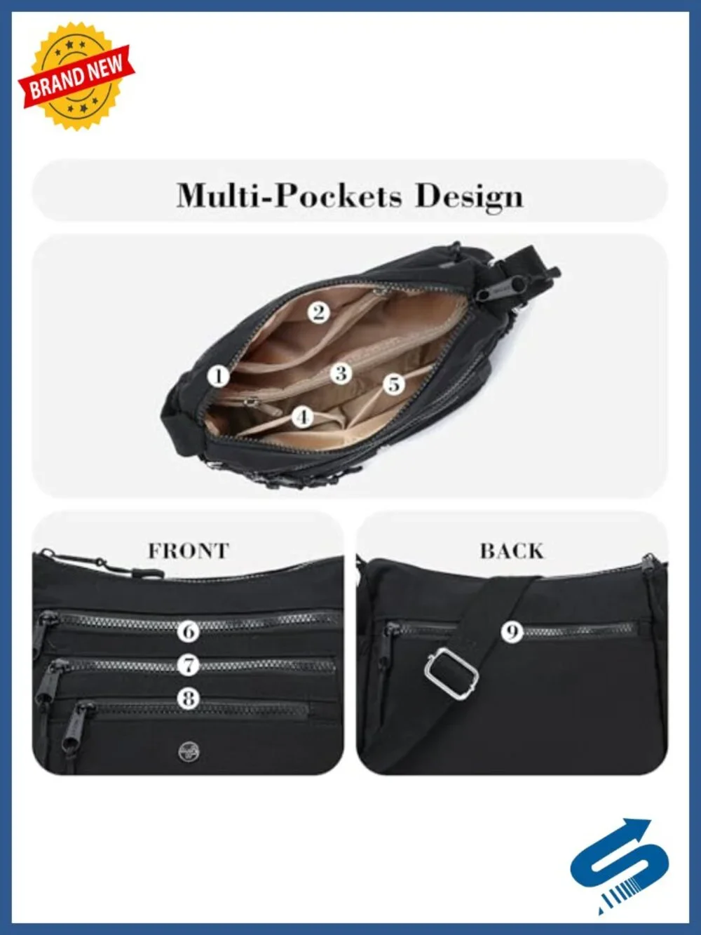 Nylon Crossbody Bag with 10 Pockets Lightweight Travel Purse
